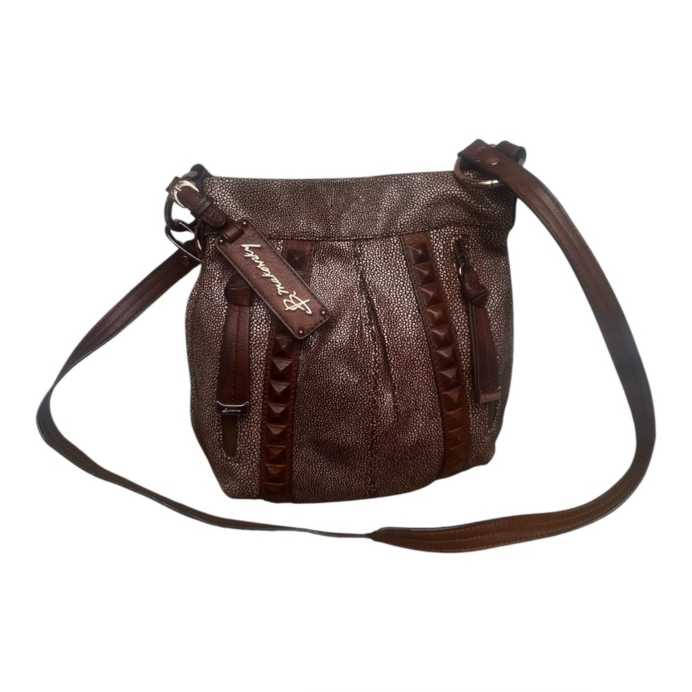 Bruce Makowsky Metallic bronze texture brown leather crossbody handbag.